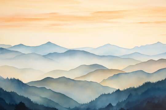 Soft watercolor hills in misty layers - A delicate watercolor landscape showing misty, layered hills, capturing the serene beauty of a calm and soft morning