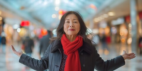 A mature Asian American woman exudes sophistication and poise as she strikes a dynamic pose against the blurred backdrop of a modern, motion-blurred shopping mall filled with bustling shoppers.
