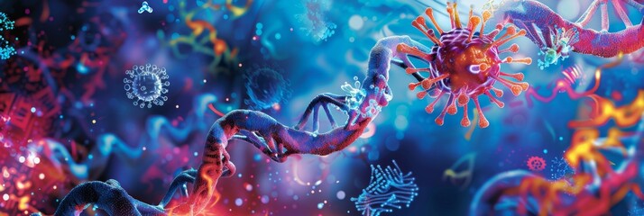 Vibrant DNA strands and viruses illustration - Brightly colored illustration depicting DNA strands amidst a sea of viruses, symbolizing the intersection of biology and medicine - obrazy, fototapety, plakaty