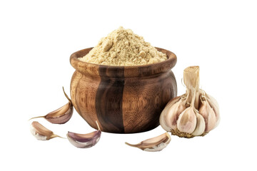 Garlic spices and herbs in types of powder and grain inside wooden bowl isolated on transparent png background, ingredients for cooking concept.