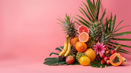 Vibrant tropical fruit arrangement on pink - A cornucopia of fresh, tropical fruits intricately arranged with a pink background and foliage enhancing colors and freshness