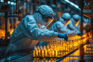 In a high-tech laboratory, scientists and technicians work together on pharmaceutical research and development.