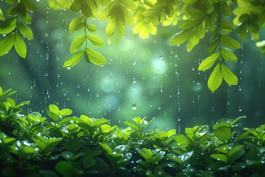 In the gentle rain of spring, nature's canvas is painted with vibrant greens and shimmering droplets.