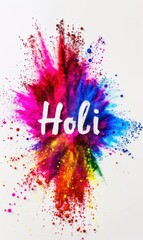 happy holi text with explosion of colors on white background