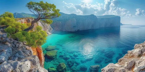Foto auf Acrylglas stunning landscape unfolds with turquoise waters, rocky cliffs © Andrii Zastrozhnov