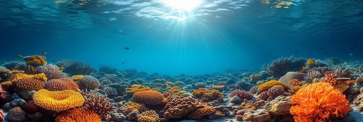 In the vibrant underwater world, coral reefs host a colorful array of marine life amidst clear blue waters.