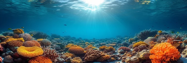 Keuken spatwand met foto In the vibrant underwater world, coral reefs host a colorful array of marine life amidst clear blue waters. © Andrii Zastrozhnov