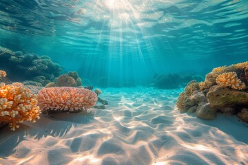 Obraz premium In the underwater realm, vibrant coral reefs thrive beneath the clear turquoise waters, teeming with marine life.