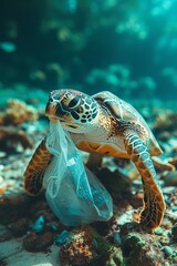 Naklejka na ściany i meble In the depths, plastic pollution threatens marine life, including majestic sea turtles and vibrant coral reefs.