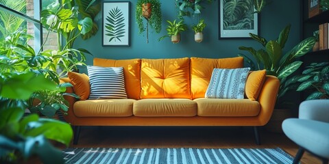 In a modern interior, a stylish sofa harmonizes with green plants, creating a cozy and elegant living space.