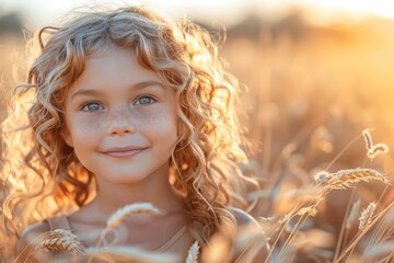 Fototapeta premium Peaceful image of a young girl with curly hair in a wheat field, bathed in the glow of the golden hour sun