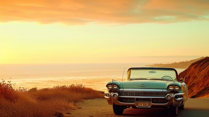 Fototapeta na wymiar A vintage car parked on a winding coastal road overlooking the ocean, with a stunning sunset in the background creating a nostalgic scene. Resplendent.