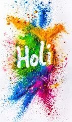happy holi text with explosion of colors on white background