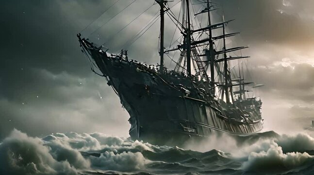 an old wooden ship sailing the ocean in a storm