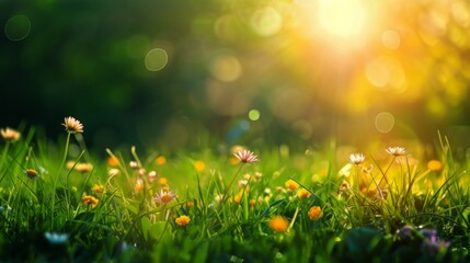 Obraz na płótnie Canvas Sunlit Meadow With Grass and Flowers