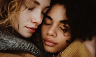 Obraz premium Young women hugging. Face close-up.