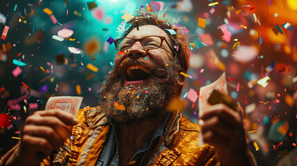 A very happy elderly bearded man takes out a lucky lottery ticket and celebrates a big win - obrazy, fototapety, plakaty