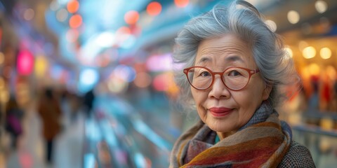 A senior Asian American woman exudes timeless elegance and confidence as she strikes a dynamic pose against the blurred backdrop of a modern, motion-blurred shopping mall filled with bustling shoppers