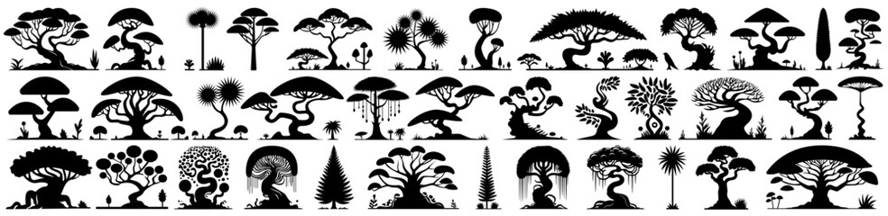 Jurassic silhouette collection of trees and plants, ancient trees