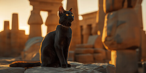 Black cat sitting ancient Egyptian temple ruins. - obrazy, fototapety, plakaty