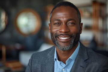 Fototapeta premium A close-up portrait of a cheerful man with a beard smiling confidently in a professional suit and tie