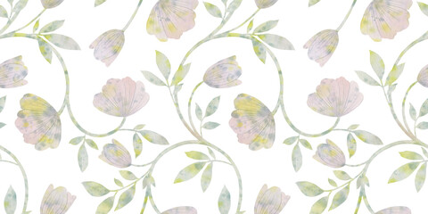 Seamless botanical abstract pattern drawn in watercolor on a white background for the design of wrapping paper, wallpaper