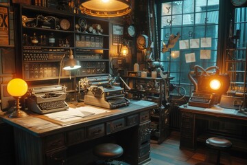 Antique Typewriter and Lamp on Desk