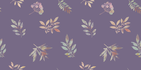 Fototapeta na wymiar Bright colorful leaves drawn in watercolor on a light purple background, seamless botanical pattern
