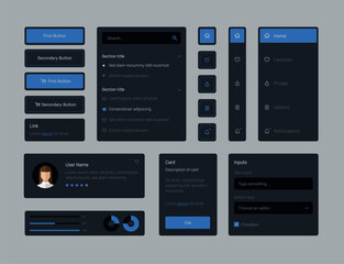 Fototapeta na wymiar Dark Collection of blue elegant ui ux elements. Ux dashboard user panel template. User interface, experience. UI elements to book the app.