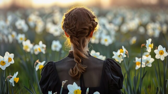 back view of a young woman wearing a traditional outfit as she stands in a springtime field of white and yellow daffodils