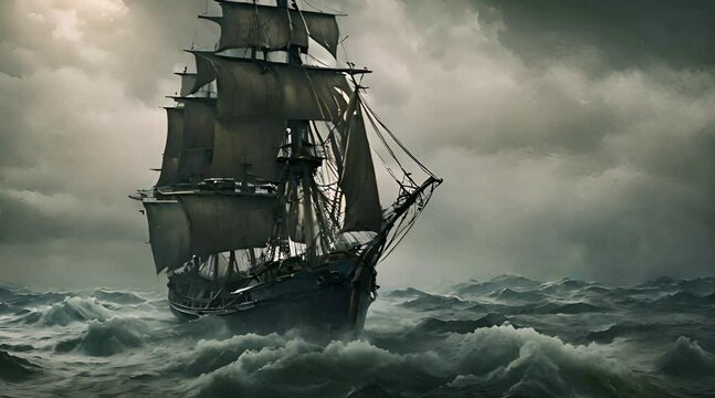 sail ship braving the waves of a wild stormy sea at night