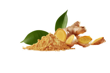 Close up of Turmeric or Curcuma longa with powder isolated on transparent background, Asian organic Herb and spice concept, Natural organic healthy plant.