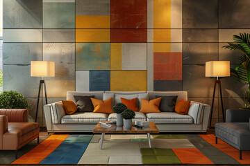 interior living room with contemporary wall art in vintage warm colors. (2)