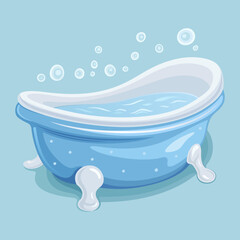 Cartoon baby bathtub filled with water and bubbles. Color vector illustration.