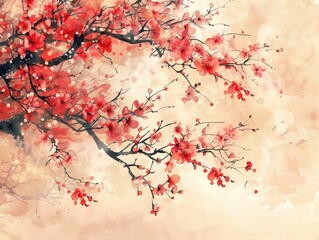 Red Japanese Blossom watercolor 