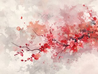 Red Japanese Blossom watercolor 
