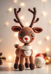 Little cute reindeer handmade toy on beautiful Christmas background. Amigurumi toy making, knitting, hobby