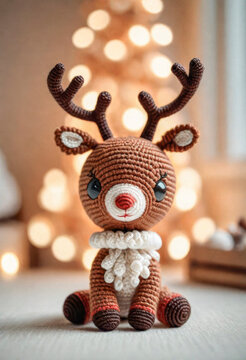 Little cute reindeer handmade toy on beautiful Christmas background. Amigurumi toy making, knitting, hobby