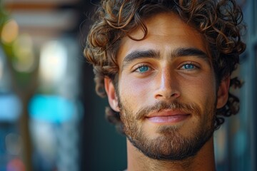 Fototapeta premium Close up of a man with piercing blue eyes and curly hair in soft light