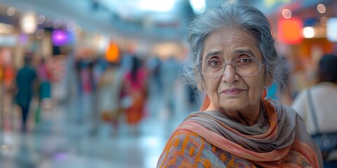 A senior Indian woman exudes timeless grace and confidence as she strikes a dynamic pose against the blurred backdrop of a modern, motion-blurred shopping mall filled with bustling shoppers.