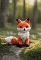 Little cute fox handmade toy on beautiful summer landscape background. Amigurumi toy making, knitting, hobby