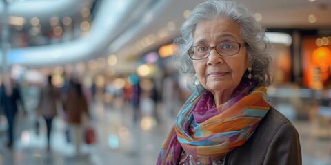 A senior Indian woman exudes timeless grace and confidence as she strikes a dynamic pose against the blurred backdrop of a modern, motion-blurred shopping mall filled with bustling shoppers. - obrazy, fototapety, plakaty