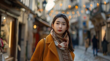 Elegant young woman in a stylish coat strolls through quaint city street. candid urban lifestyle portrait. street fashion in a cozy setting. AI