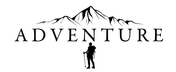 Mountain logo with silhouette of a man with a hiking backpack. Adventures in the mountains. Hiking in the mountains in a nature reserve. Monochrome mountain logo. Emblem for hiking gear or website.