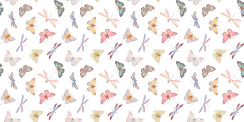 repeating ornament, seamless pattern of dragonflies and butterflies, endless watercolor illustration, hand drawn. Design of fabrics, wrapping paper, kitchen textiles, packaging.