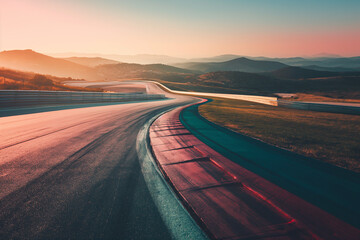 Low angle view of an empty racetrack featuring the curb