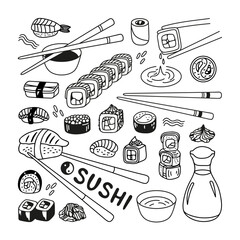 Japanese sushi roll set in hand drawn doodle style. Asian food for restaurants menu