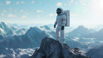Astronaut in spacesuit standing on the top of mountain on unknown planet - obrazy, fototapety, plakaty