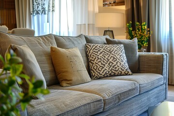 Fototapeta premium Modern living room interior with sofa, stylish home decor and modern interior background
