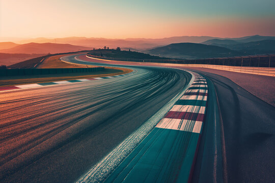 The sun sets on an empty racetrack, set against colorful skies